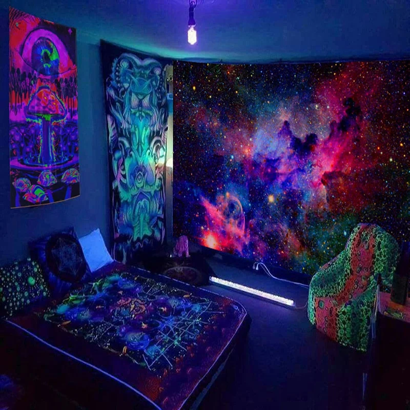 Fluorescent Starry Tapestry Skeleton Mushroom Psychedelic Black Light Wall Hanging Cloth DIY Home Decoration Trippy Room Decor