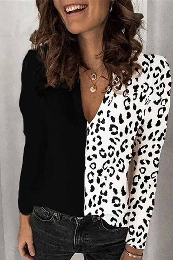 Fashion Leopard Print V Neck Chiffon Top