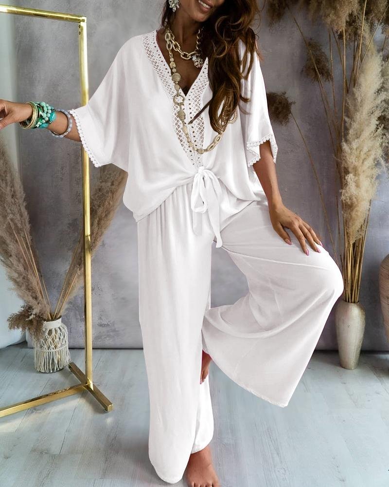 Contrast Lace Tied Detail Batwing Sleeve Top & Pants Set