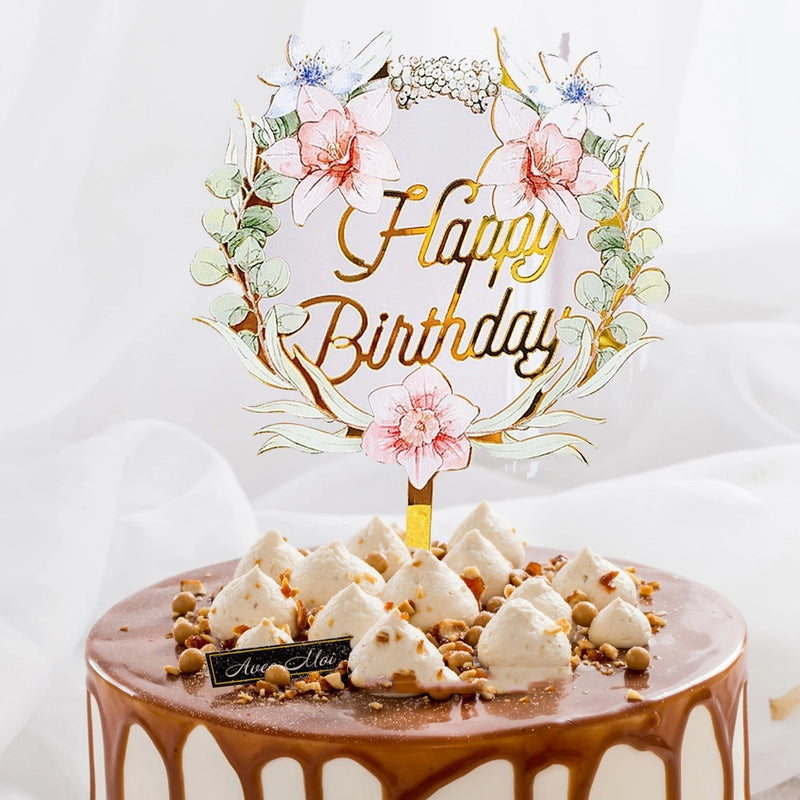 Acrylic Cake Topper Ins Style Floral Uv Color Printing Happy Birthday Dessert Decoration Plugin
