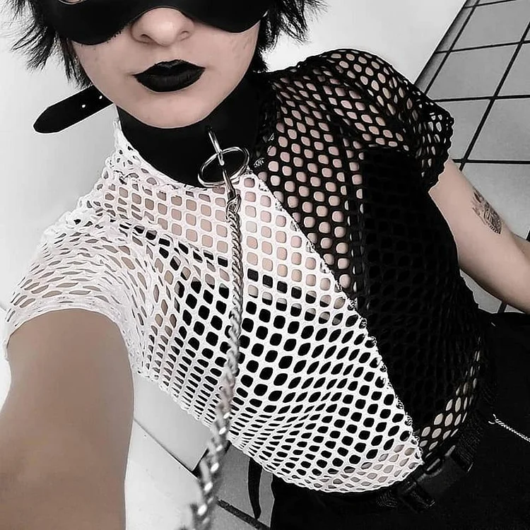 GOTH FISHNET MESH SHORT SLEEVE BLACK-WHITE TEE