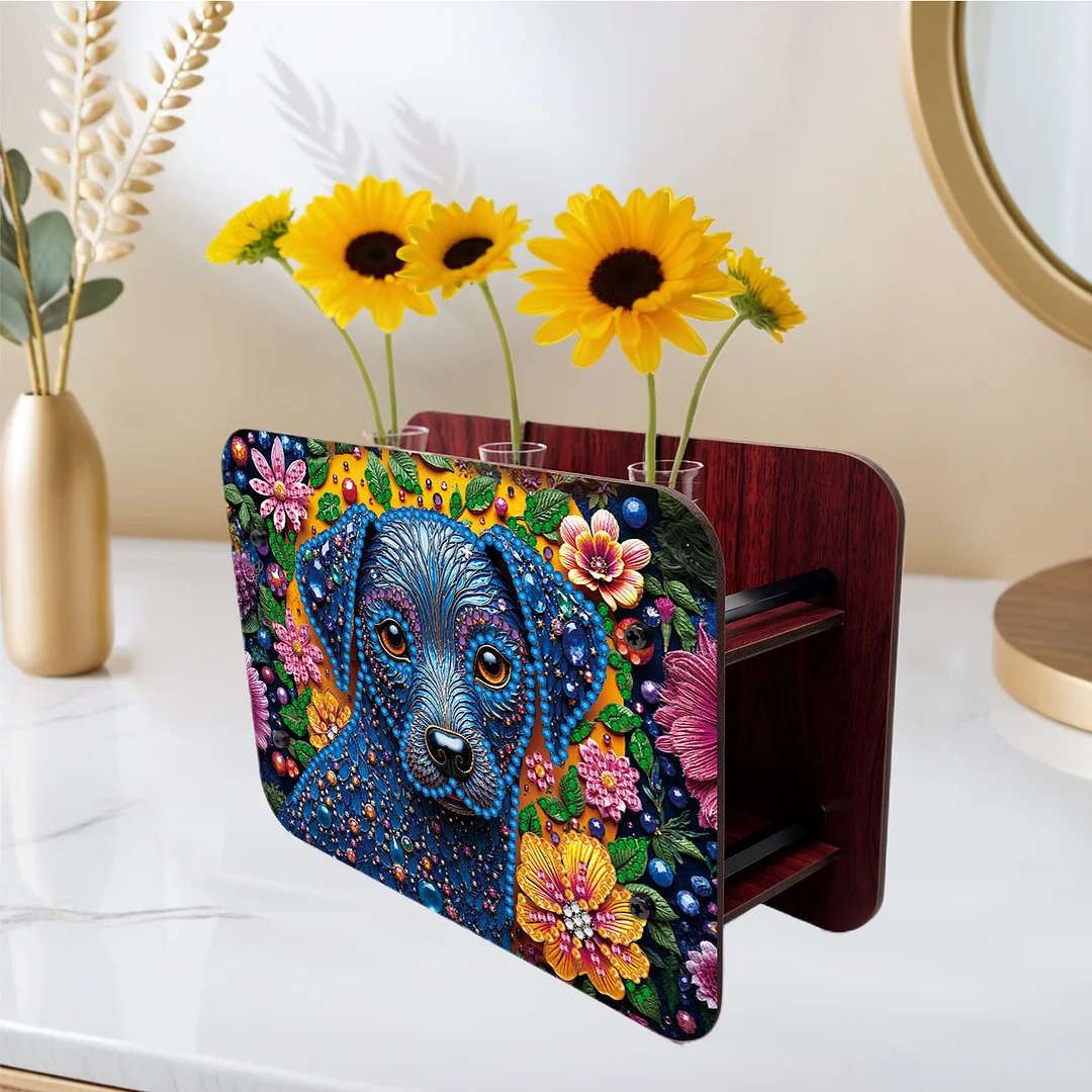 Dog DIY Flower Vase Wooden Double Sided Desktop Diamond Art Kit for Home Decor
