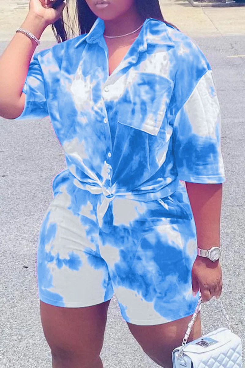 Blue Fashion Casual Print Basic Turndown Collar Short Sleeve Two Pieces
