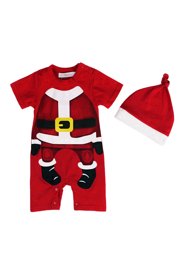 Cute Crew Neck Short Sleeve Infant Boys Christmas Santa Romper Dark Red-elleschic