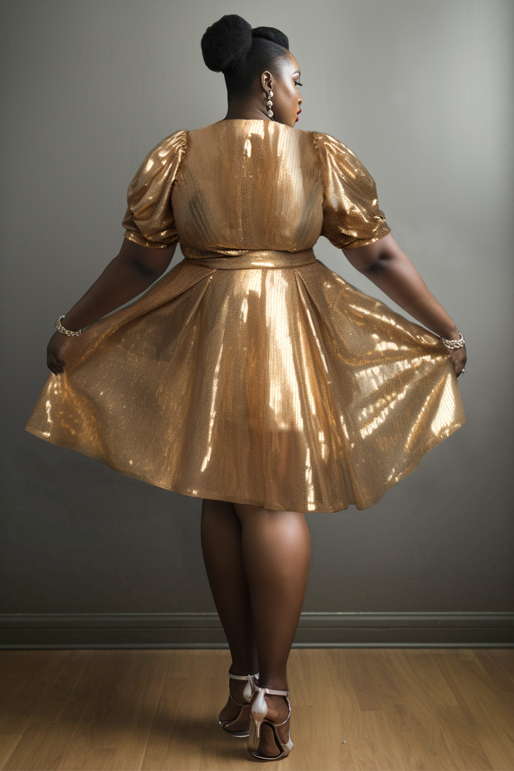 Design Plus Size Party Midi Dresses Elegant Gold Spring Summer Wrap Neck Puff Sleeve Short Sleeve Glitter Midi Dresses [Pre-Order]