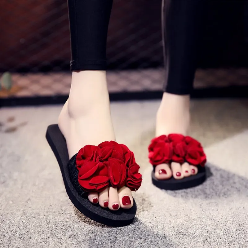 Women Shoes Summer Bohemia Floral Beach Sandals Pink Bow Slippers Flip Flops For Women Platform Sandals Beach Slippers 1.5CM