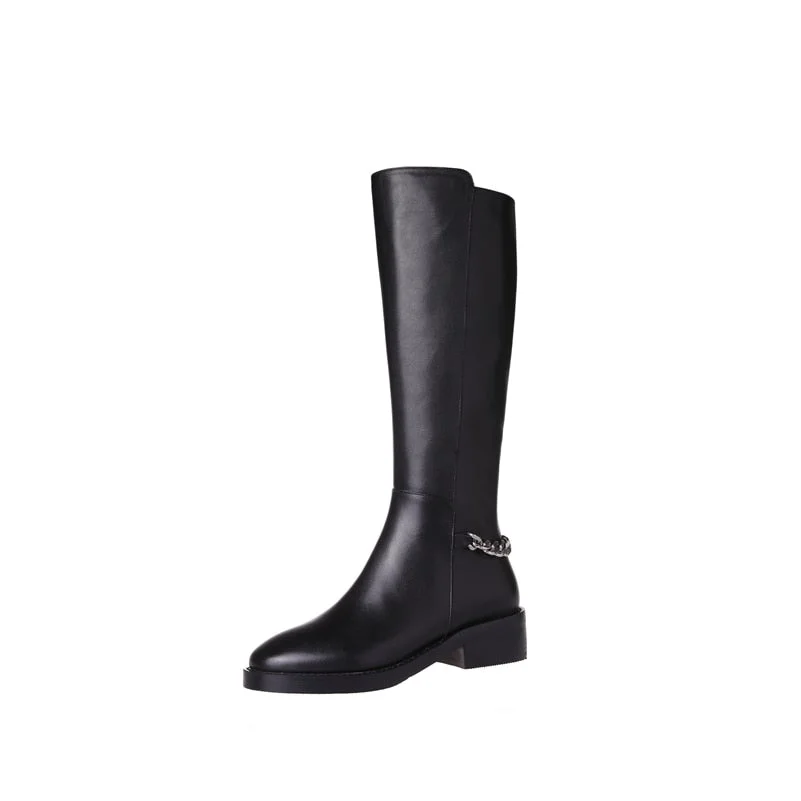 Meotina Genuine Leather Riding Boots Women Shoes Chain Thick Heel Knee High Boots Med Heel Round Toe Zipper Lady Boots Autumn 43