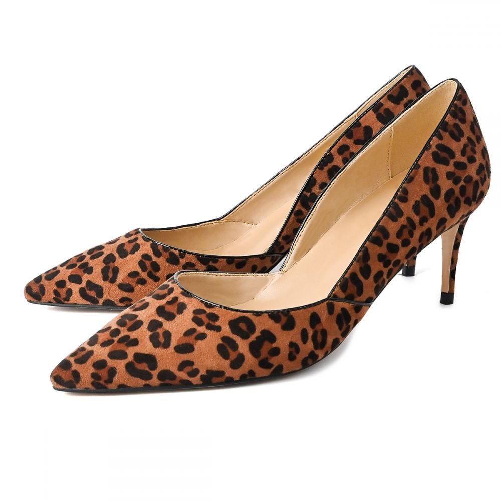 Women's Suede Kitten-heel Pointed Toe Leopard Printed Heels Shoes Nicepairs