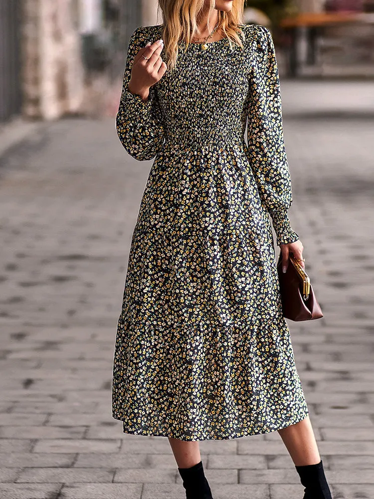 Women Long Sleeve Floral Printed Scoop Neck Dress
