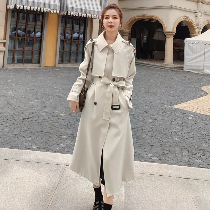 Brand New Fashion Women Trench Coat Beige Long Double-Breasted with Belt Spring Autumn Lady Duster Coat Female Outerwear Quality