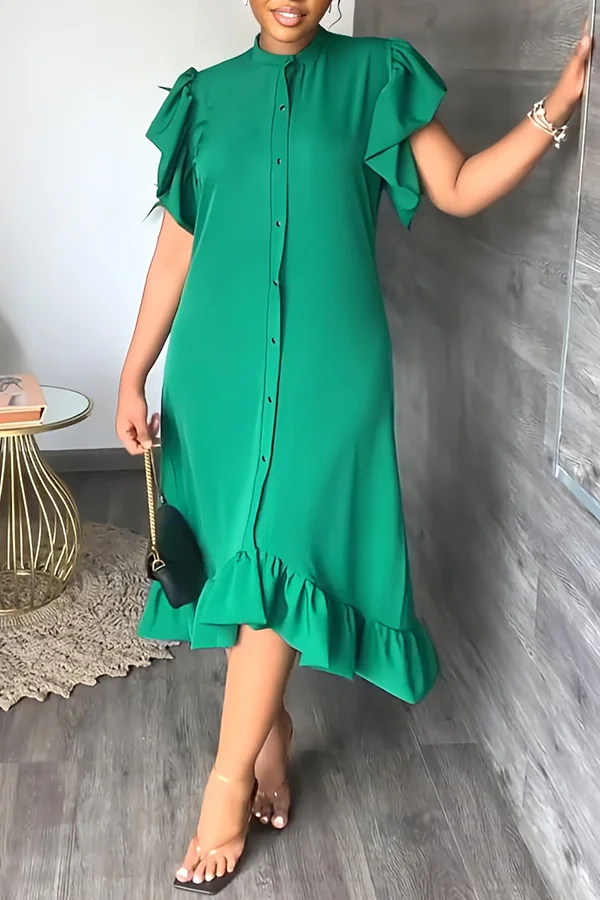 Ruffle Solid Color Casual Maxi Dress