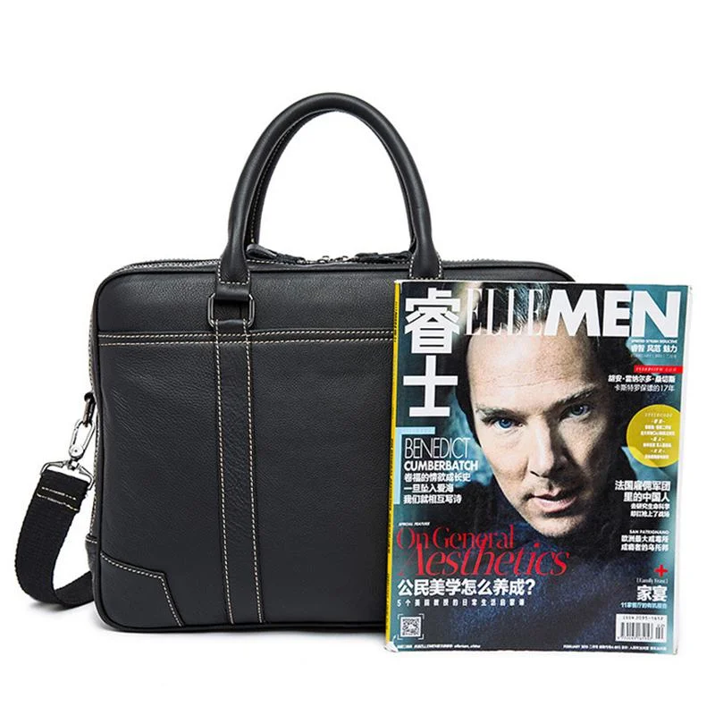 Fine Stitching Dual Top Handle Detachable Sling Strap Zip Top Genuine Leather Briefcase