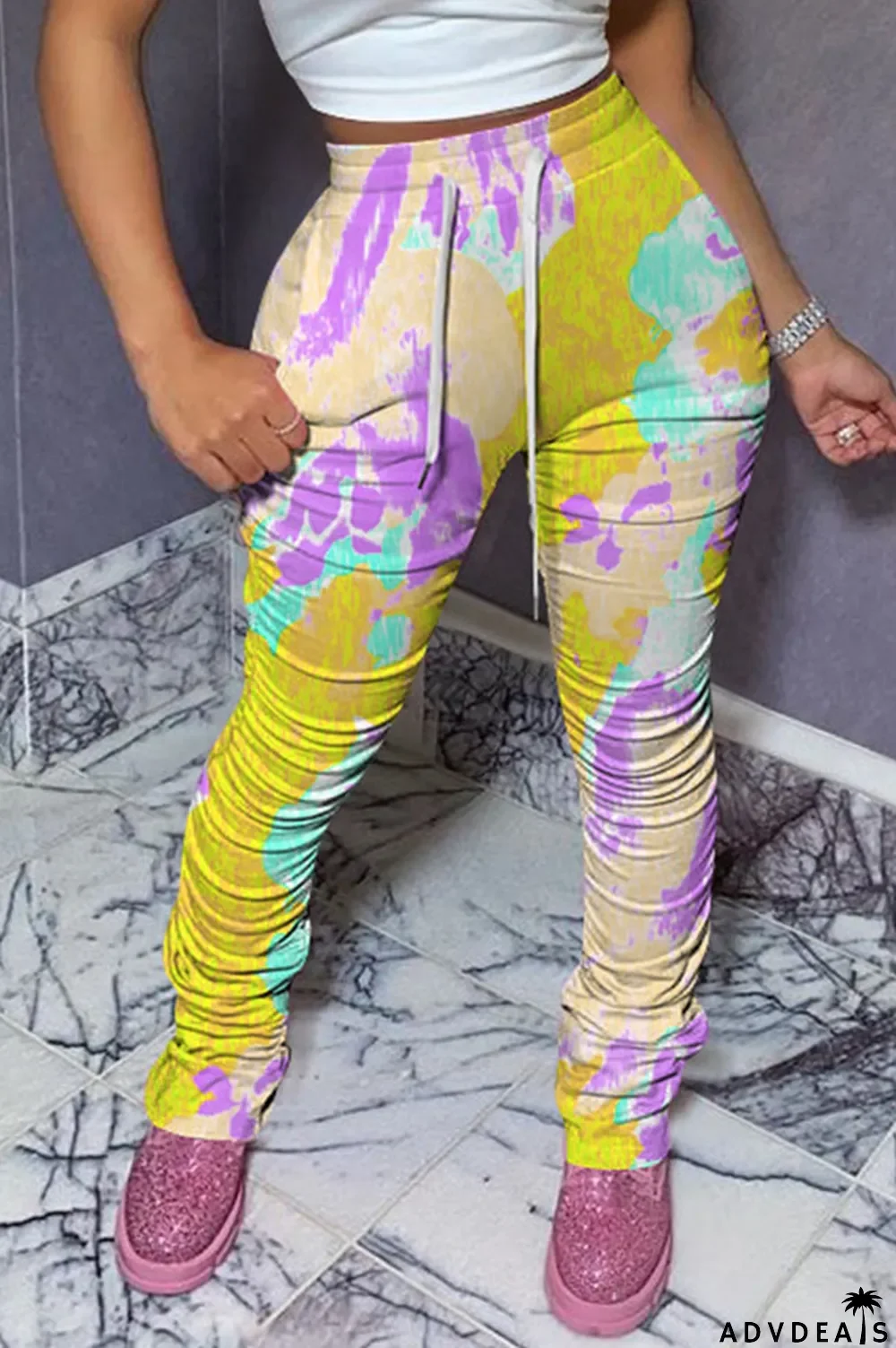 Green colour Polyester Drawstring Sleeveless High Patchwork Print bandage Draped pencil Pants Bottoms