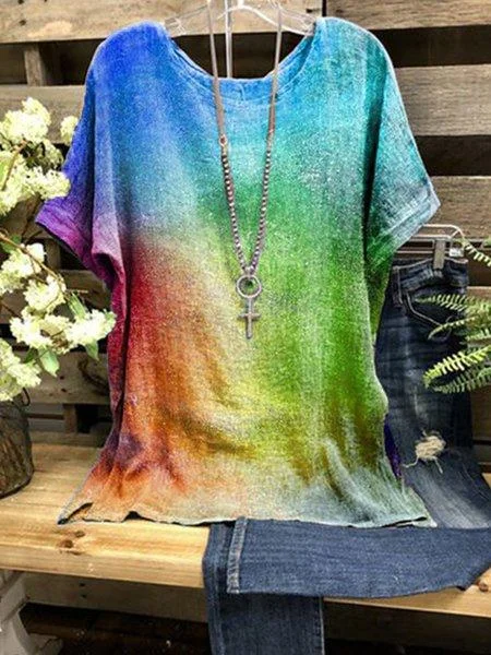 Multicolor Simple Short Sleeve Round Neck Shirts & Tops socialshop