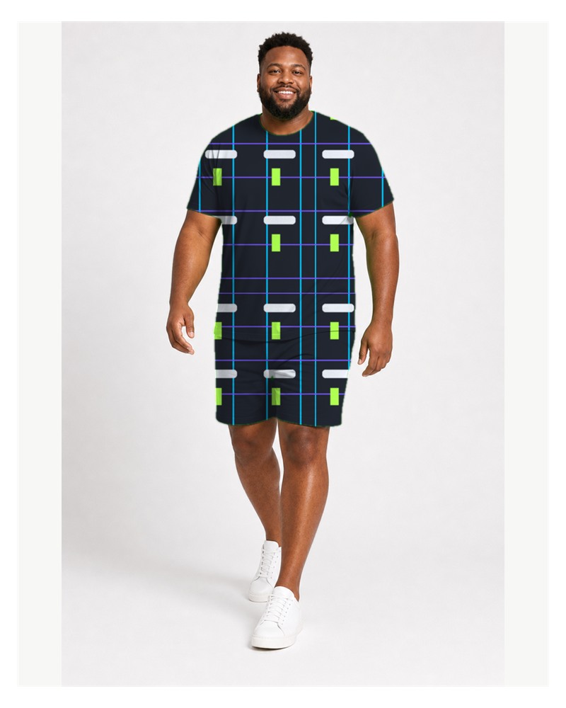 Big & Tall Night Grid Digital Print T-Shirt and Shorts Set
