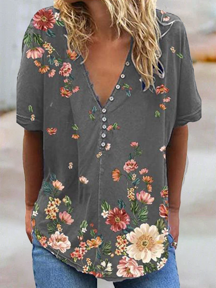Short Sleeve Casual Floral Tops