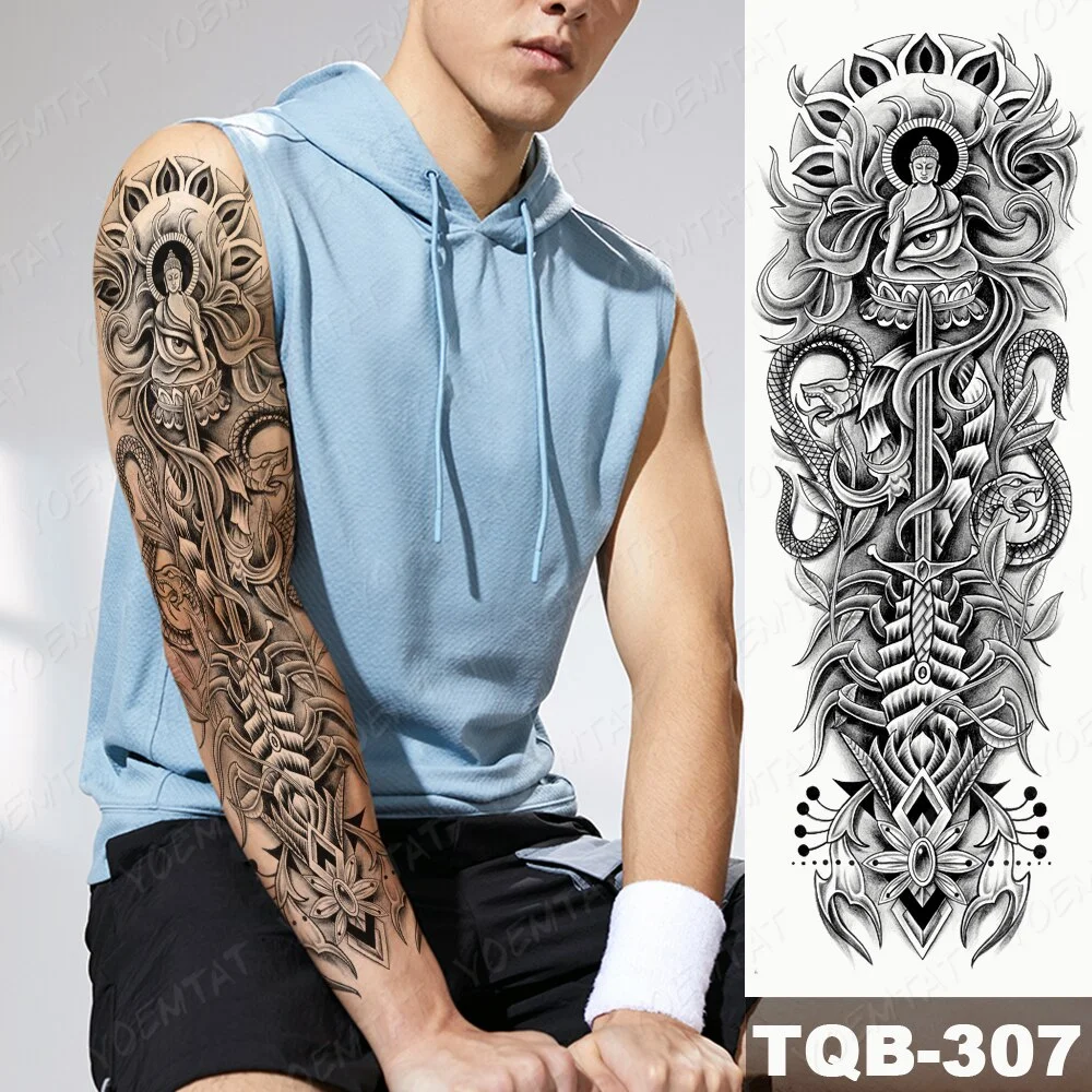 Sdrawing Arm Waterproof Traditional Temporary Tattoo Stickers Women Men Black Line Flowers Koi Crane Thigh Body Art Fake Tattoos