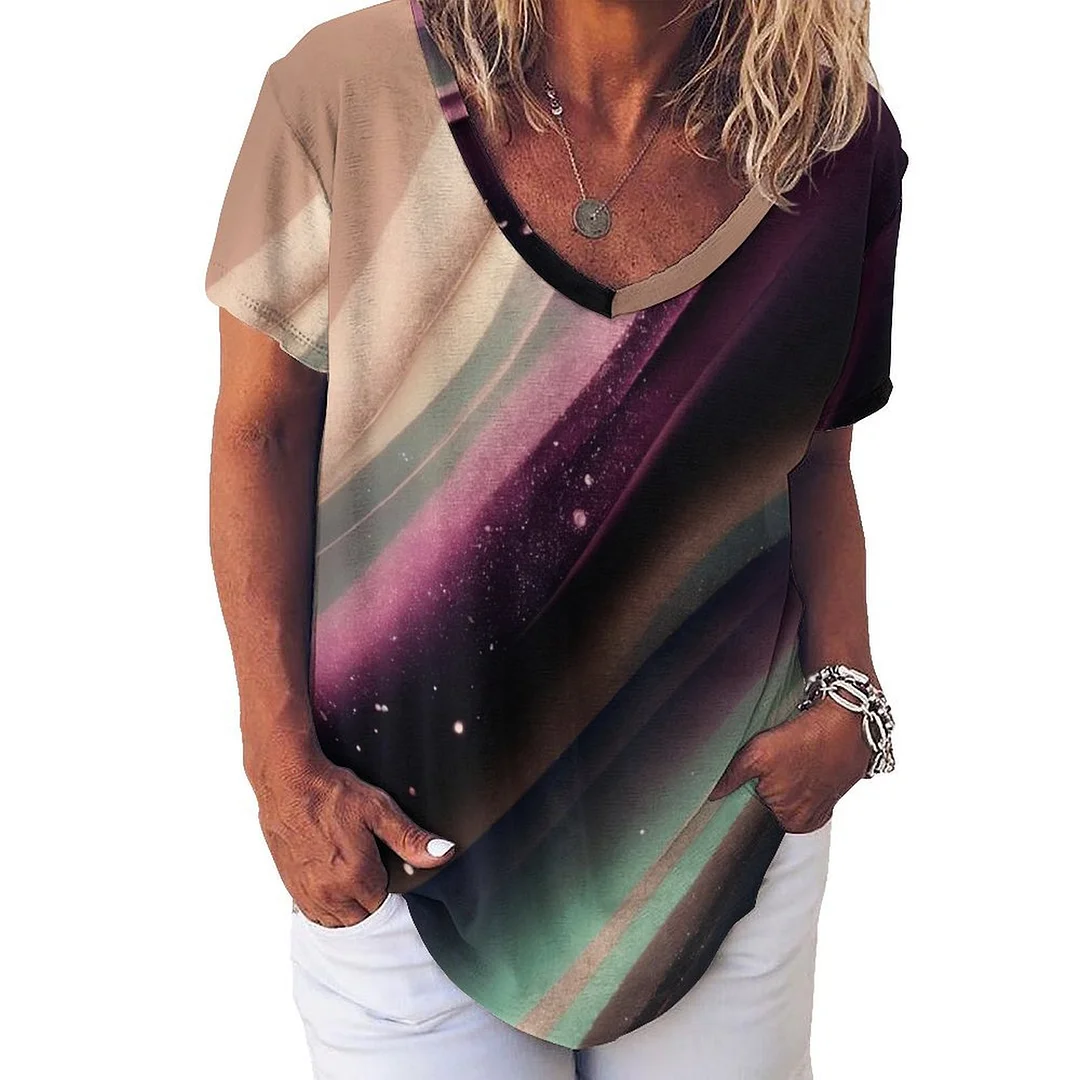 V-neck Short Sleeve Casual T-shirt for  Women Printed with Pattern Ray, Pink, Black