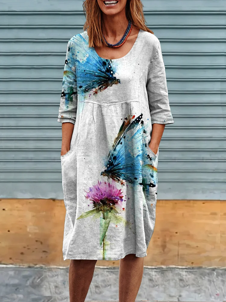 Women's Watercolor Dandelion Flower Butterfly Linen Pocket Tunic Dress socialshop