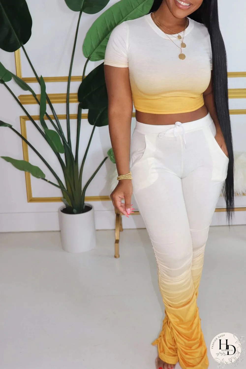 Yellow Polyester Casual Print Boot Cut Short Sleeve Two Pieces