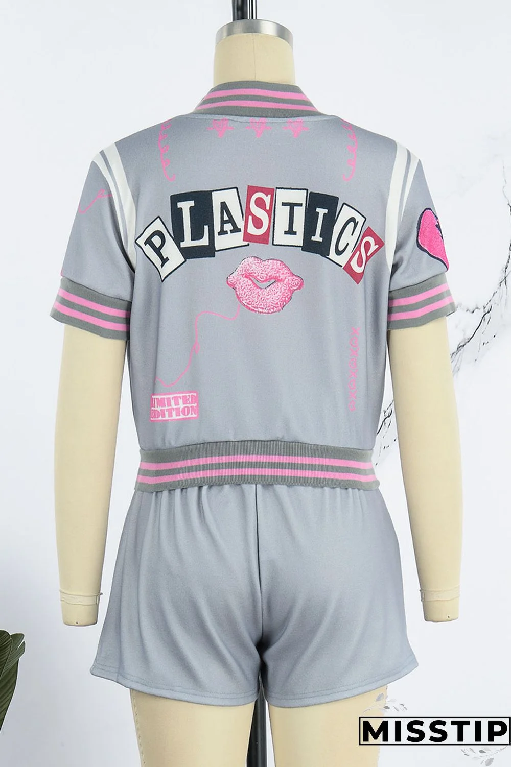 Cream White Casual Street Print Patchwork Buckle Short Sleeve Two Pieces