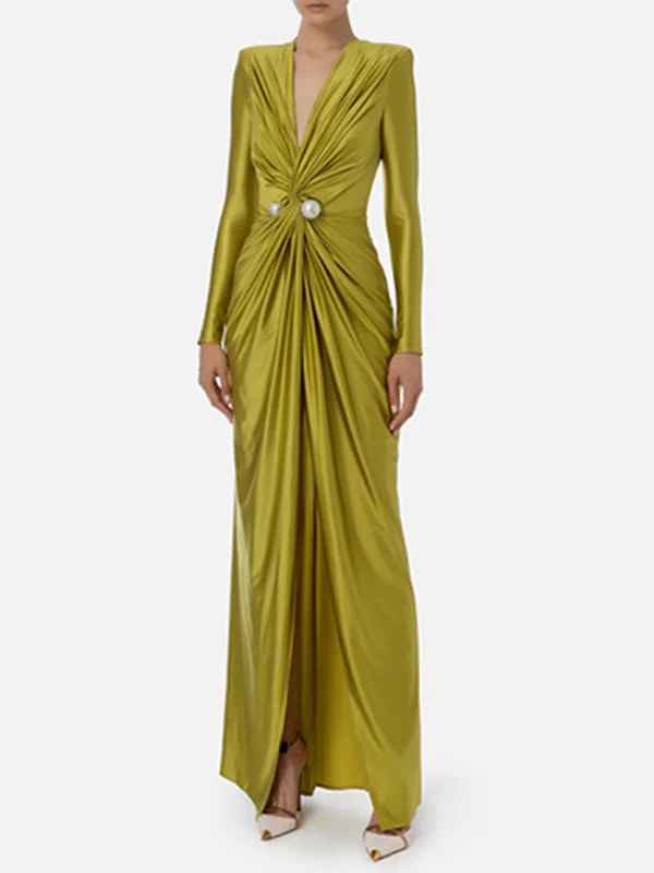 Pleated Solid Color Split-front Tied Waist Bodycon Long Sleeves Deep V ...