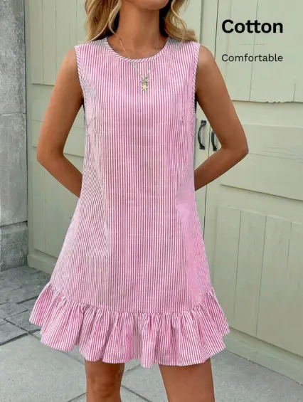 Women&rsquo;s Round Neck Sleeveless Vertical Striped Loose Straight Mini Dress With Ruffle Hem