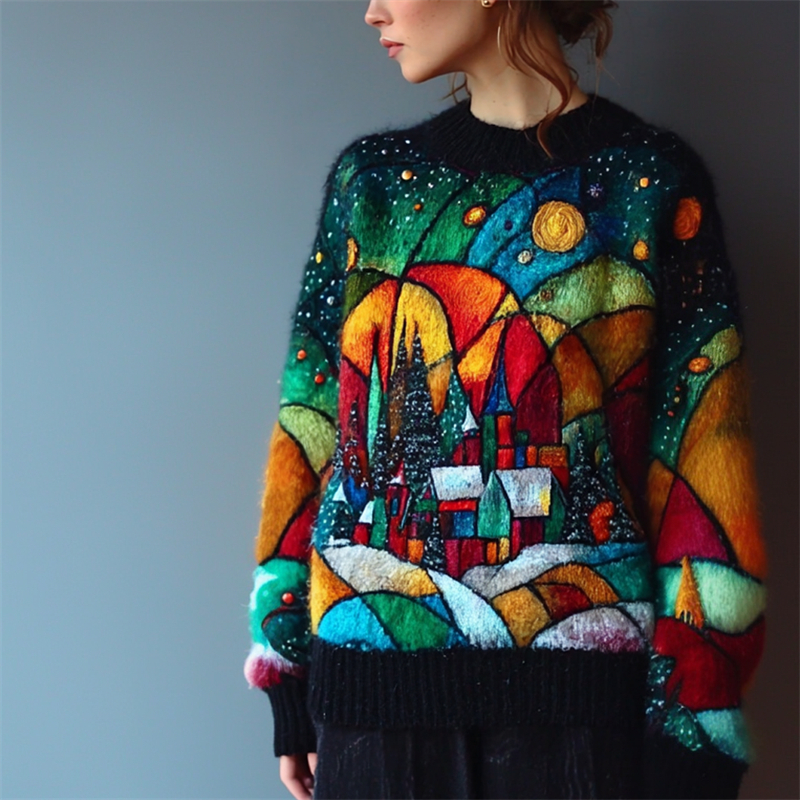 Vintage Christmas Landscape Geometric Colorblock Cozy Knit Sweater elevenforest