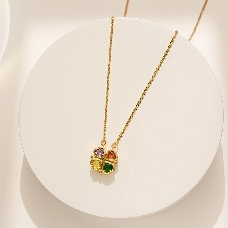 Titanium Steel Sweet Four Leaf Clover Heart Shape Plating Zircon Pendant Necklace