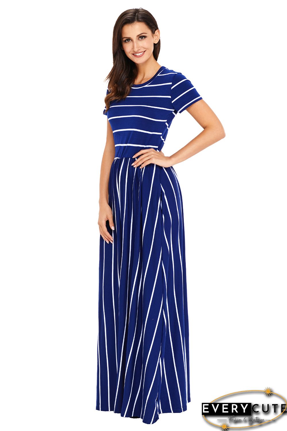 White Striped Navy Short Sleeve Maxi Dress