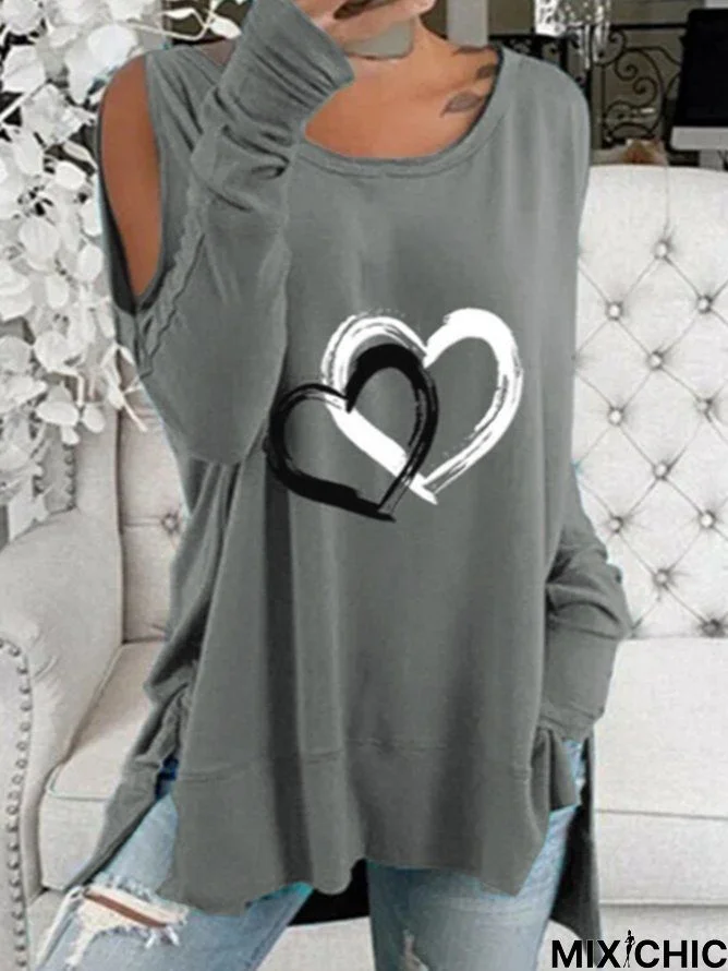 Plus Size Casual Heart Cotton Blends Long sleeve Top