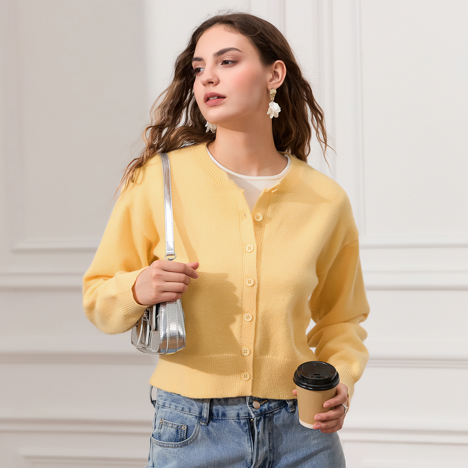 Vacucary Women's Solid Color Knit Tops Button Down Long Sleeve Cardigan Coat Autumn Winter Tops Female Casual Jackets Outerwear