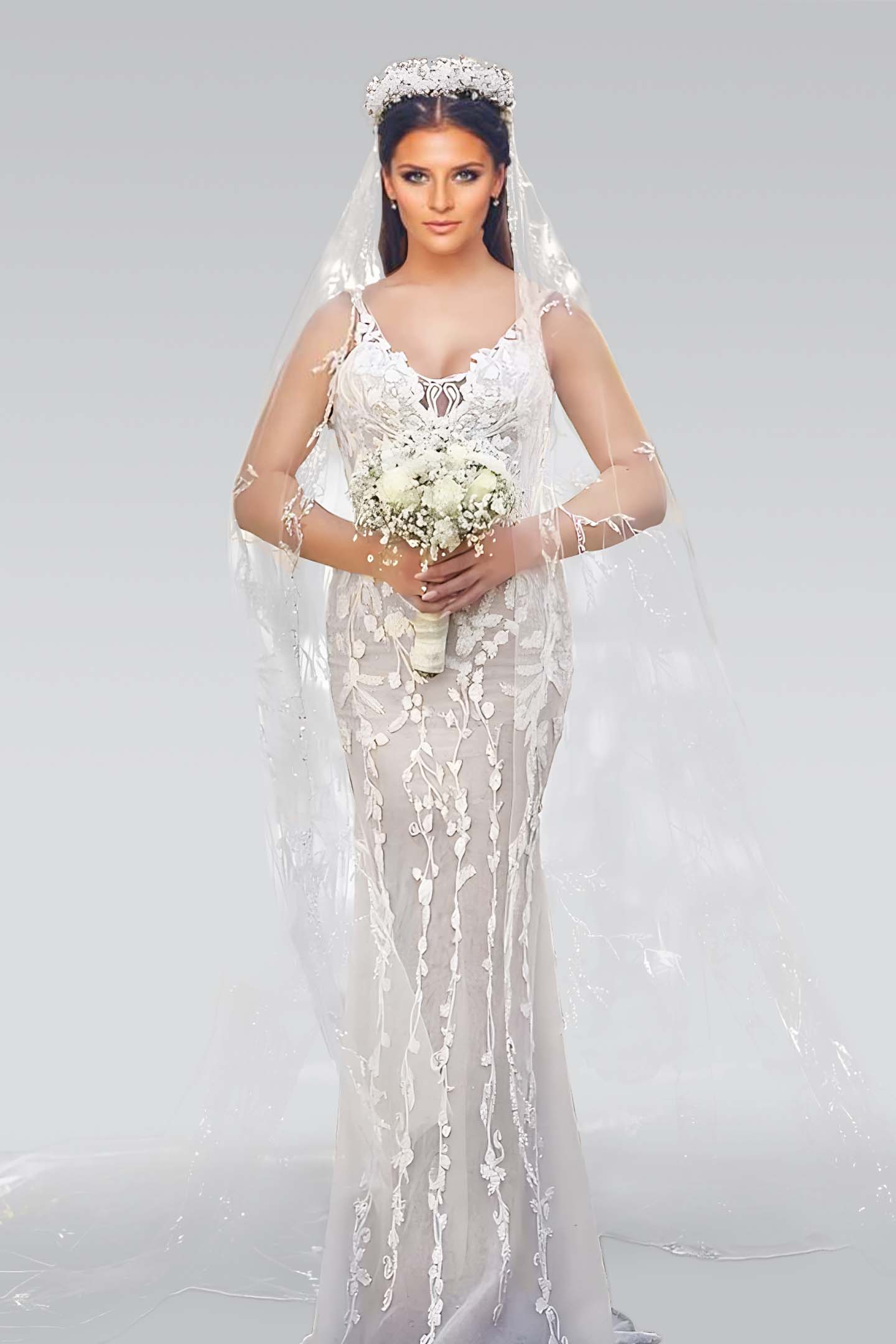  V-neck Tulle Lace Long Mermaid Wedding Dress with Detachable Train - ohprom