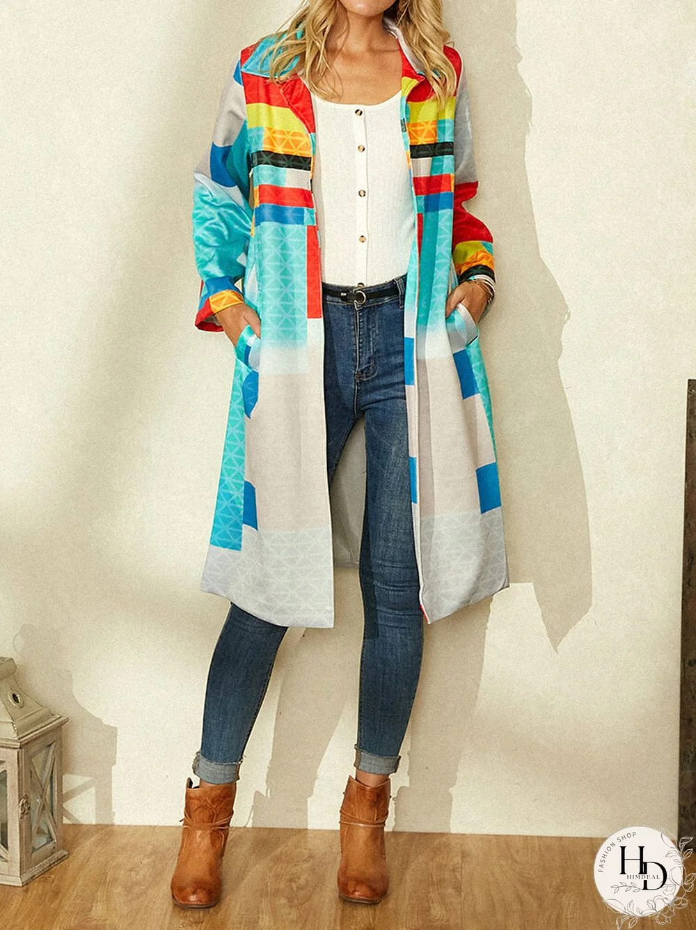 Color Block Geometric Printed Long Sleeve Coat