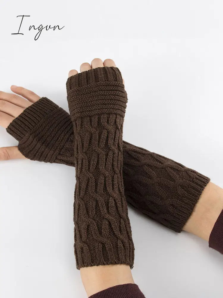 Ingvn - Solid Color Keep Warm Jacquard Knitted Sleevelet Coffee / Free Size Warmers
