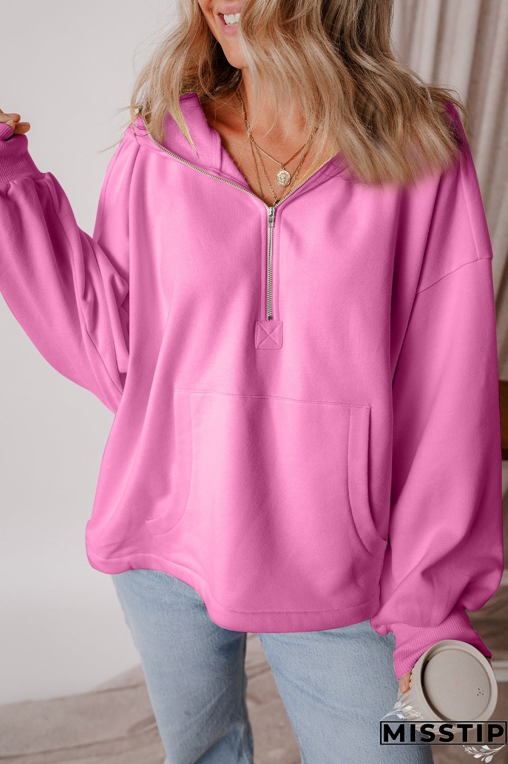 Pocketed Half Zip Dropped Shoulder Hoodie