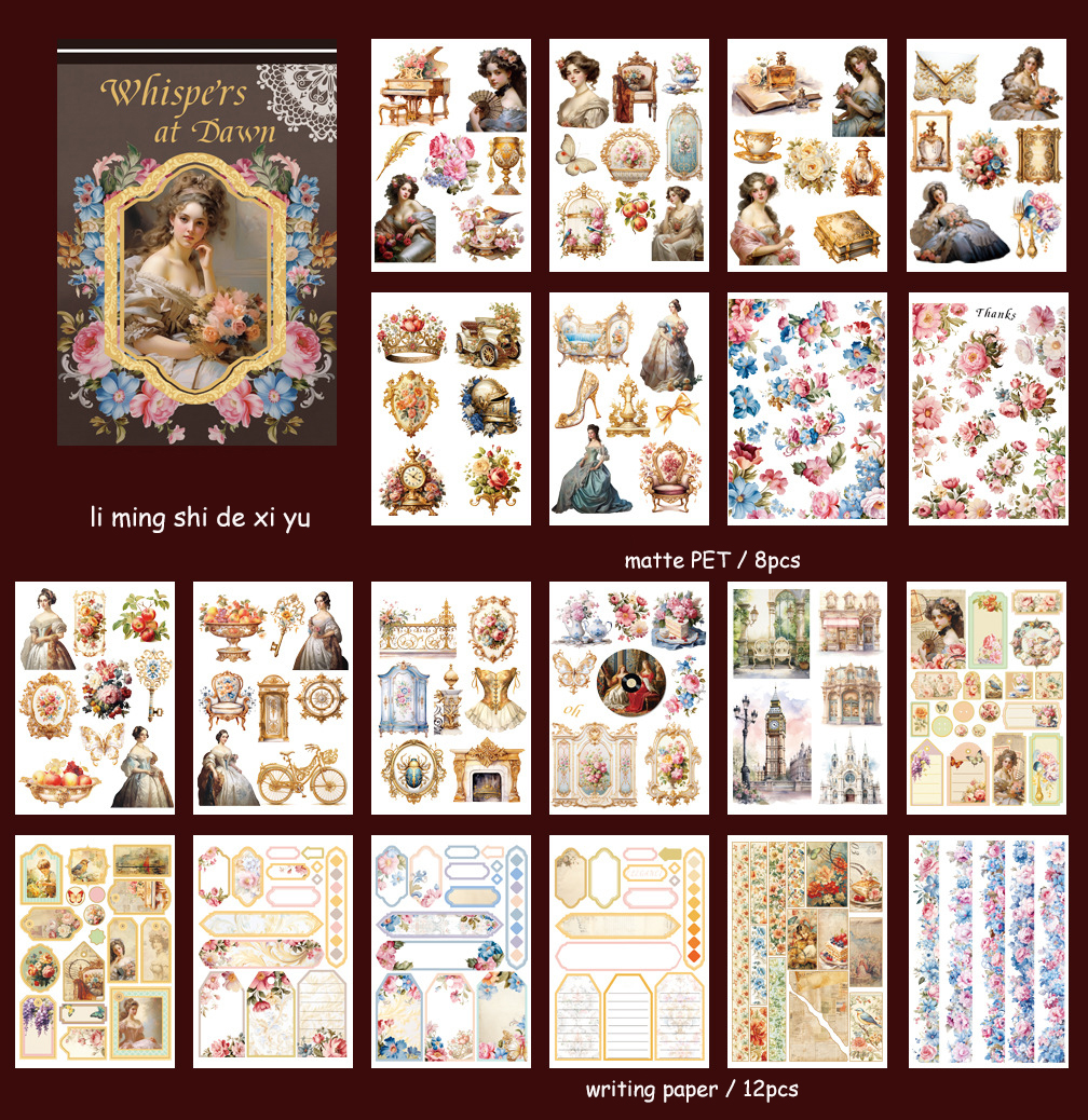 Journalsay 20 Sheets Vintage Dual Material Die-cut Character Flower Sticker Book
