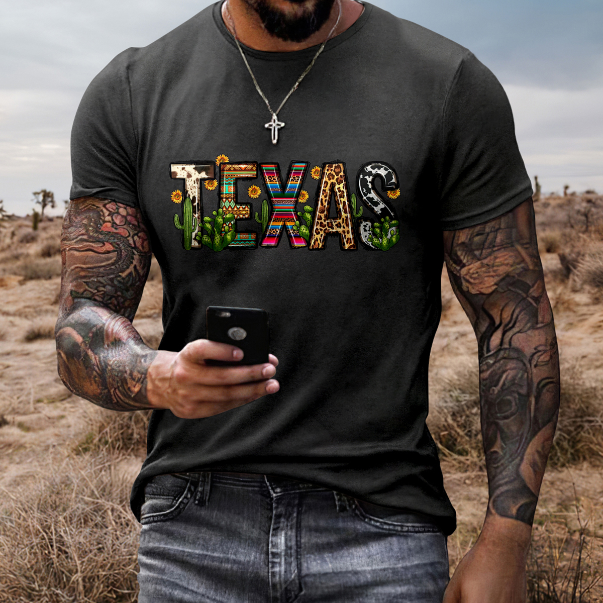 Men's Vintage Texas Western Art Print Crew Neck Short Sleeve T-shirt