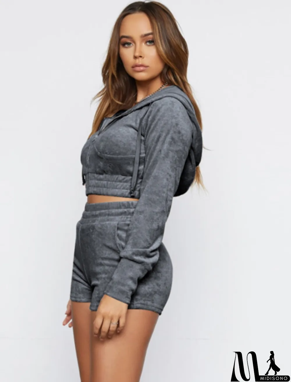 MidiSono - Women Spring Grey Casual Hooded Long Sleeve Solid Two Piece Shorts Set
