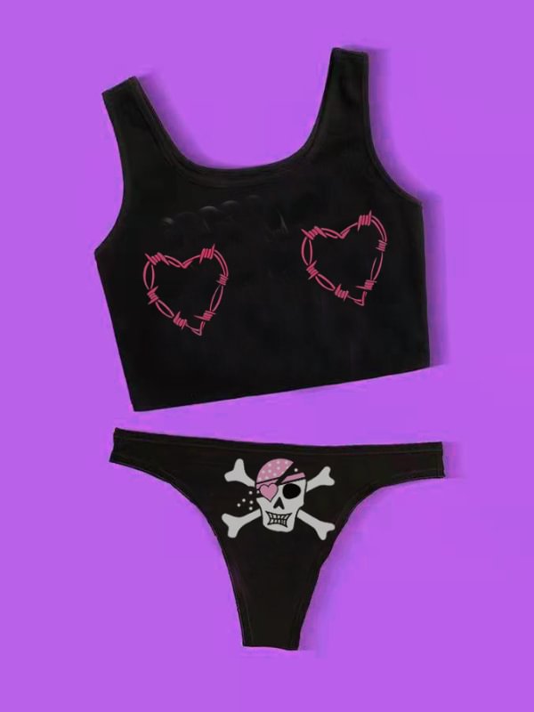 Heart Skull Printed Vest Two-piece Bikini Sets Swimwear