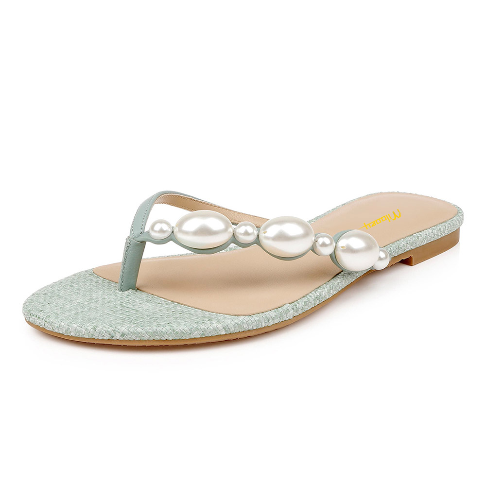 Classic Casual Light Green Open Toe Pearl Flat Summer Slide Sandals Nicepairs