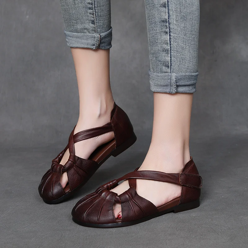 Yyvonne Leather Flat-Soled Sandals Women's New Summer Women's Shoes Beef Soft-Soled Mother Shoes Casual Cowhed Beach Sandals