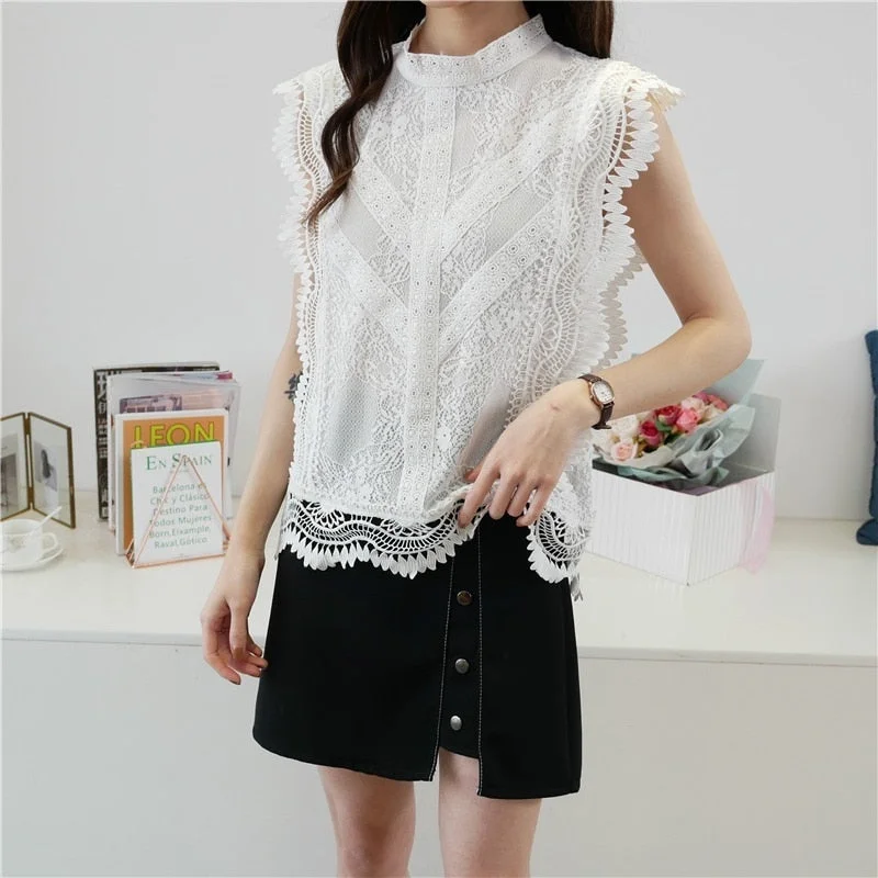 Summer Sleeveless Ruffle Women's Shirt Blouse for Women Women's Tops and Blouses Lace Sexy Shirts Ladie's Top Plus Size 14733