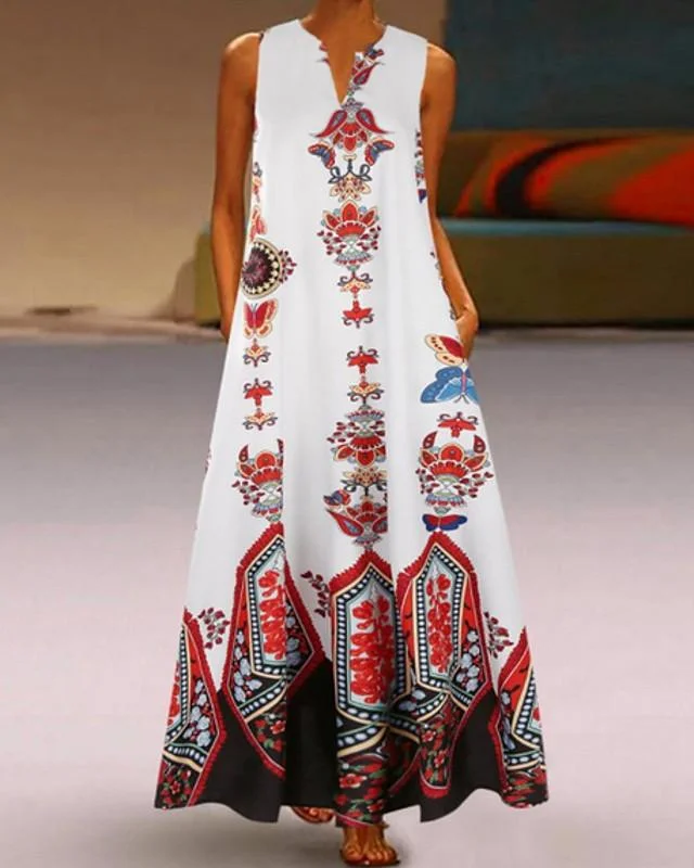 Women's Swing Dress Maxi Long Dress - Sleeveless Tribal Summer V Neck Boho White Black Yellow Navy Blue Light Blue