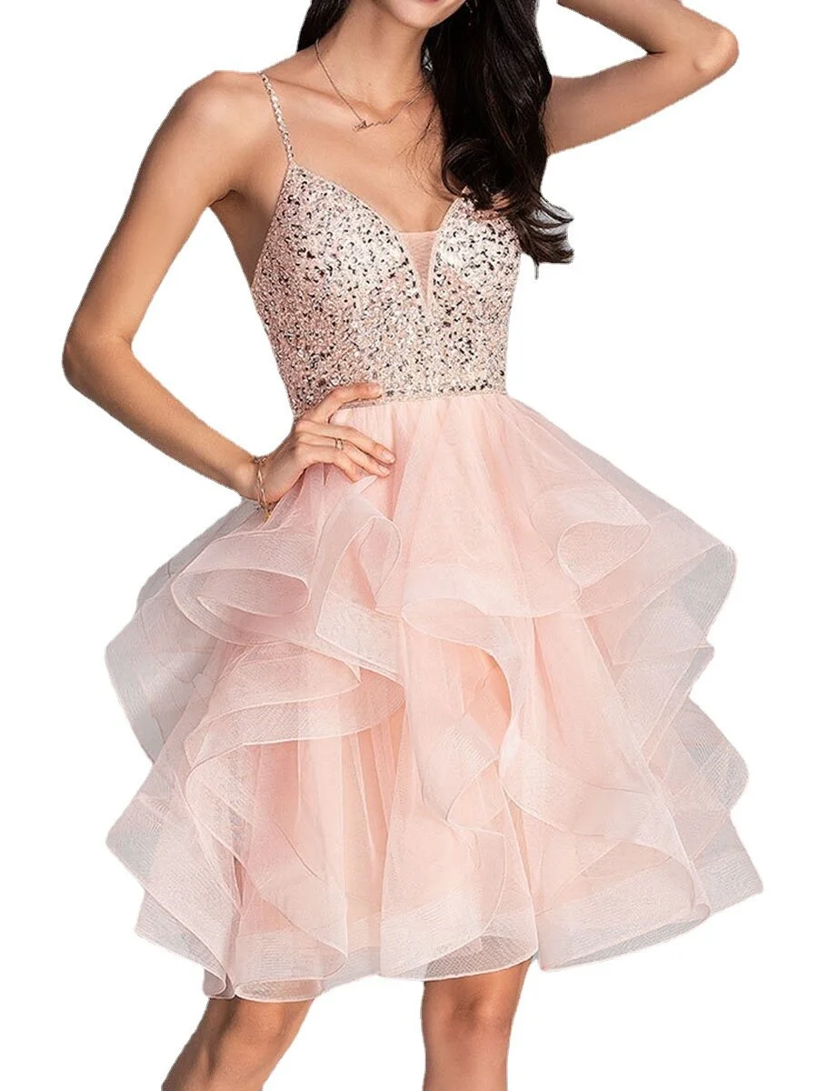Short Homecoming Dress Spaghetti Strap Sequins Lace Up Back Tulle Dress