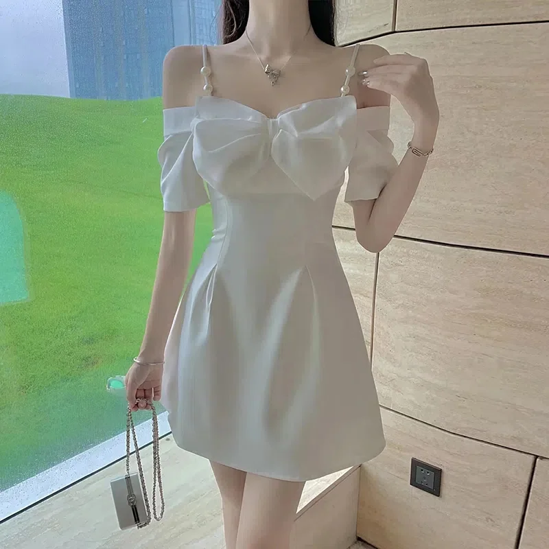 Cartoonh Bow Sexy Slash Neck Dress Women Summer Korean Elegant White Mini Dress Fashion All Match Party Night Camis Vestidos