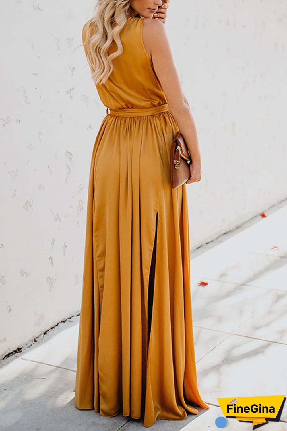 V Neck Sleeveless Slit Wrap Maxi Dress