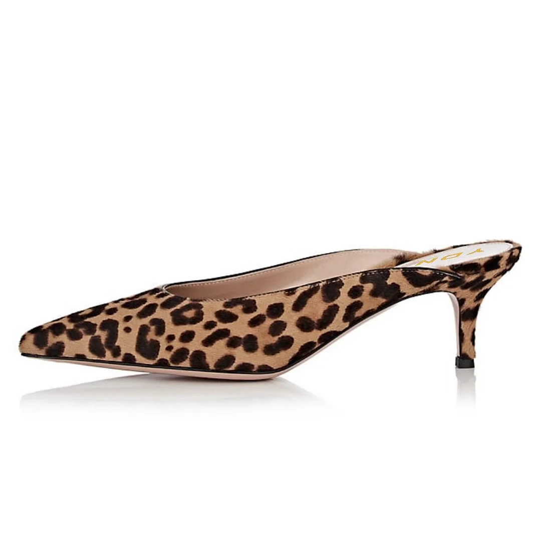Brown Leopard Faux Suede Pointed Kitten Heel Backless Pumps   