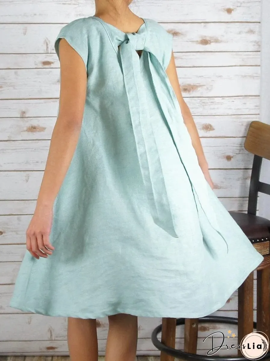 Bow Short Sleeve Cotton Linen Midi Dress