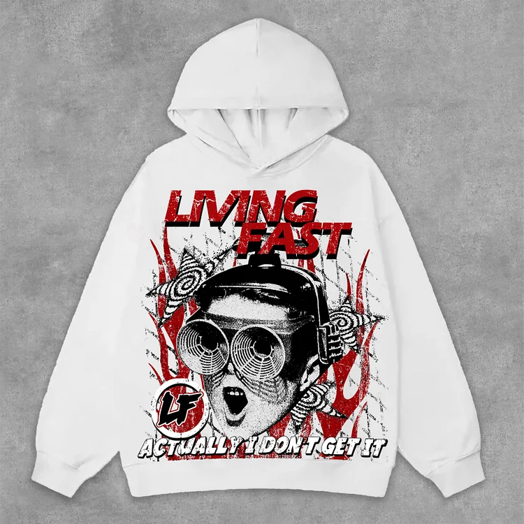 Vintage Portrait Living Fast Graphic Print Side Pockets Hoodie SOPULA